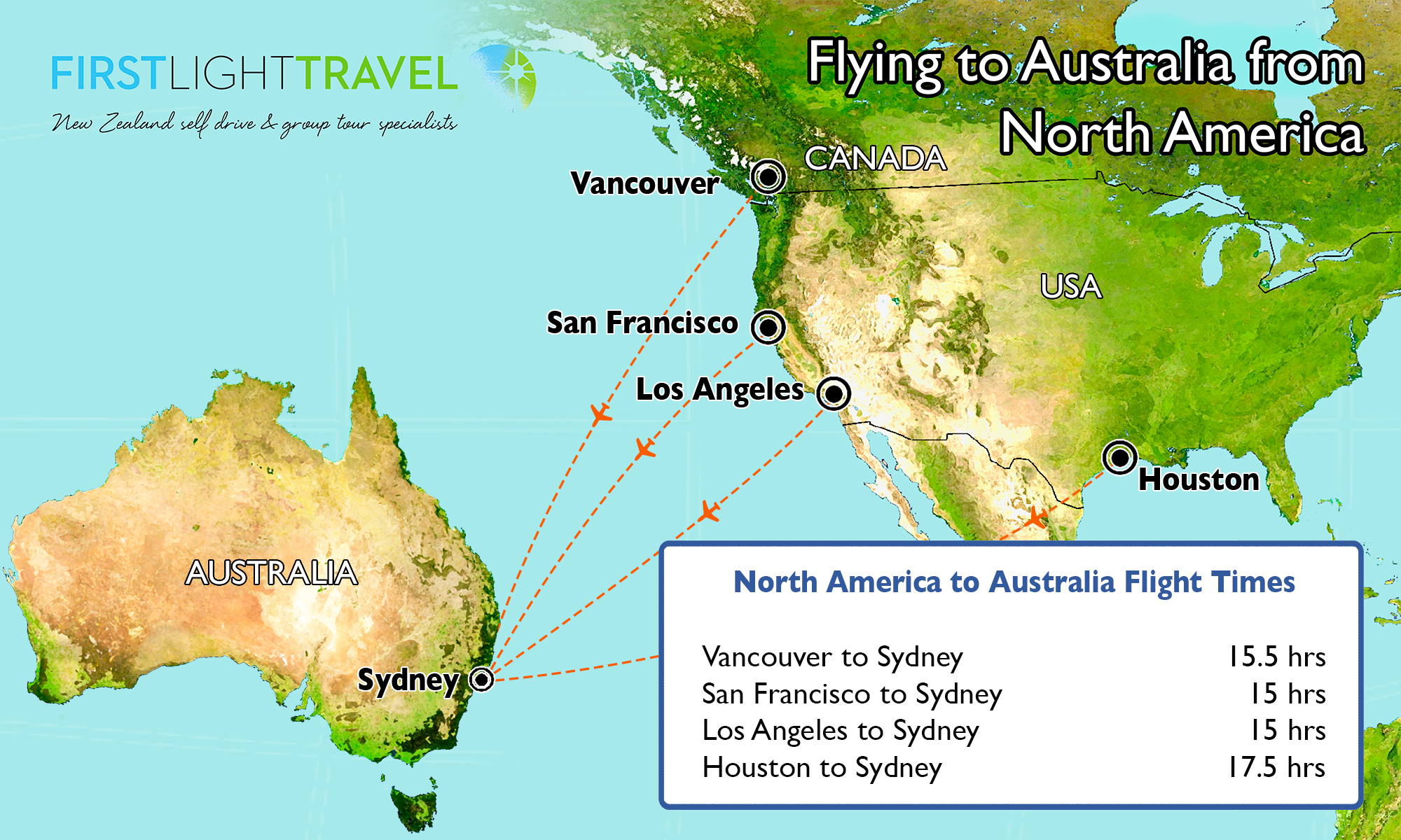 Map flying from North America to New Zealand
