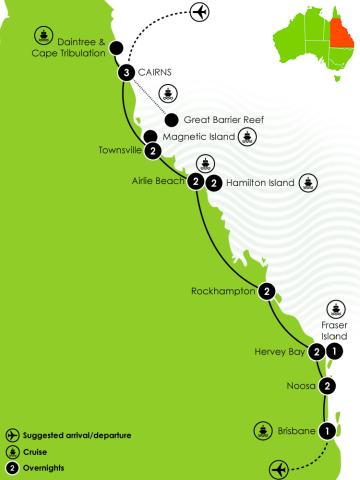 Cairns to Brisbane Island Escapes Self Drive Tour Itinerary Large map