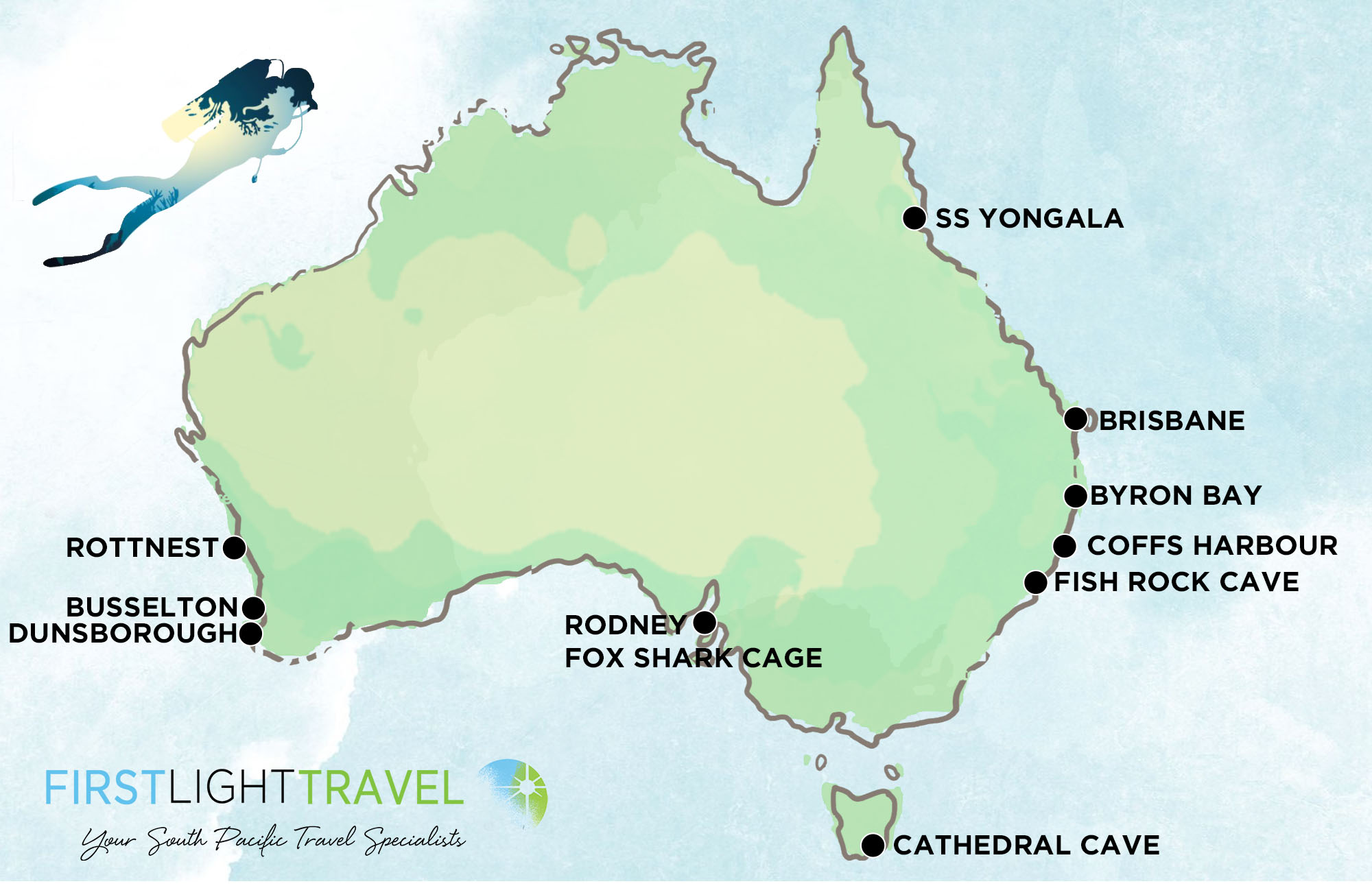 map of scuba diving sites in Australian not including Great Barrier Reef