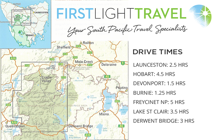 Map showing drive timetables for getting to Cradle Mountain