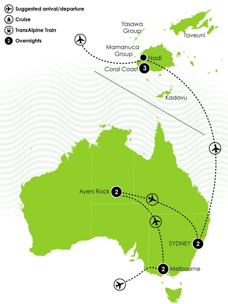 10 Day Melbourne, Ayers Rock, Sydney & Fiji Large Map
