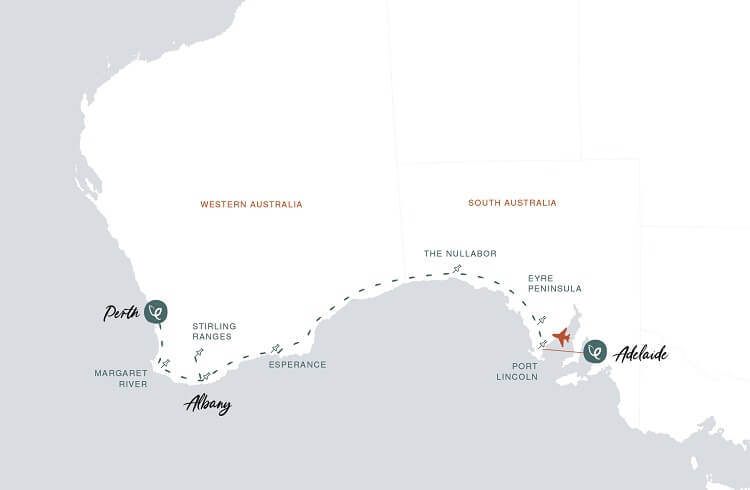 Untamed Escapes Adelaide to Perth Private Overland Tour Map