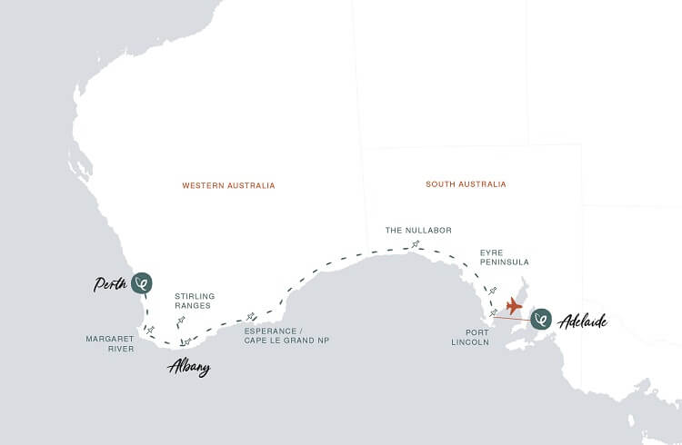 Untamed Escapes Perth to Adelaide Private Overland Tour Map