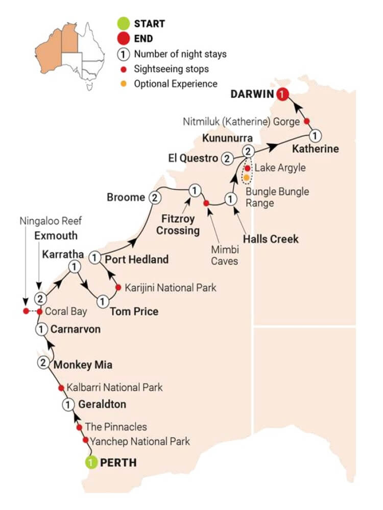 AAT Kings Wonders of the West Coast & Kimberley Tour Map