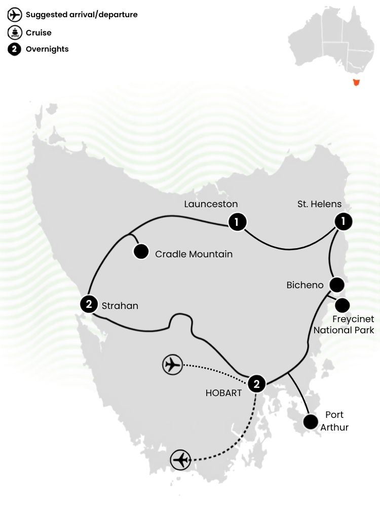 Under Down Under Tours - Super 7 Tasmania Tour Map