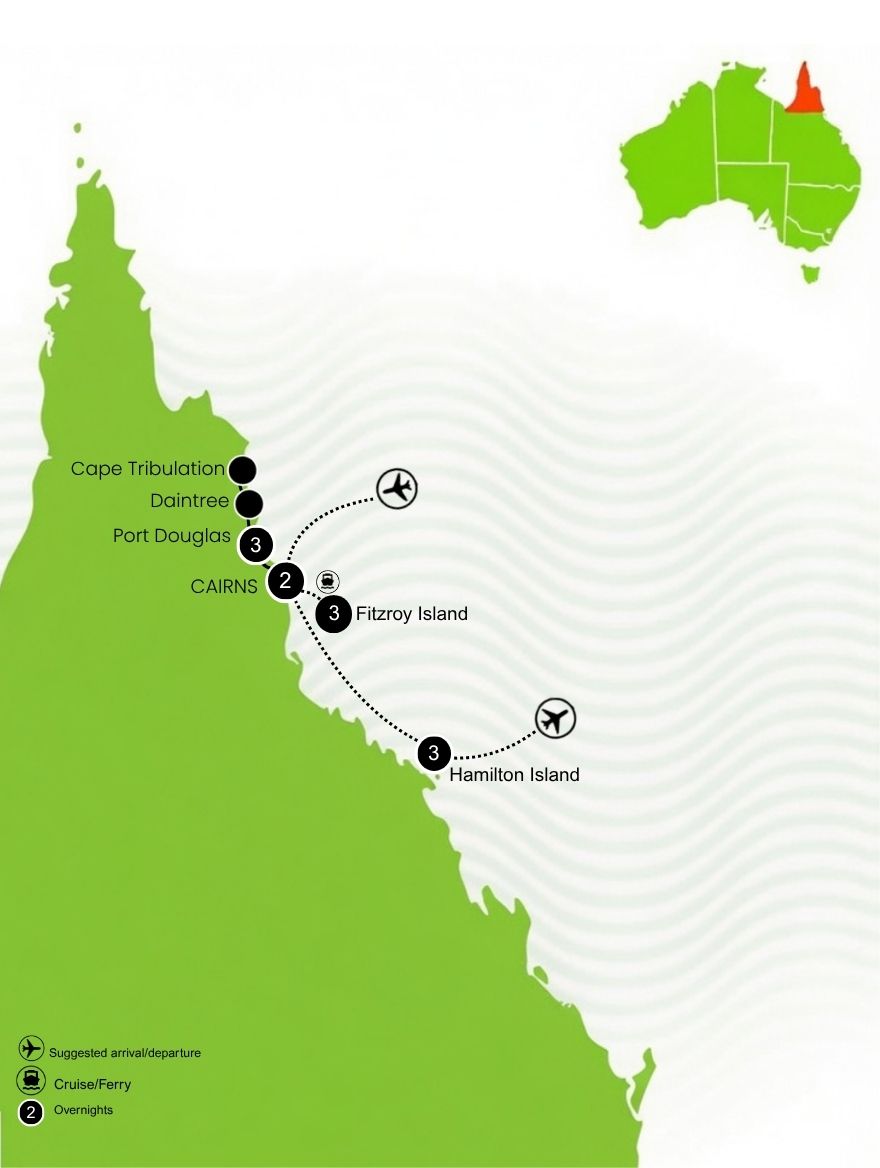 Queensland Reef, Rainforest & Islands Tour Map