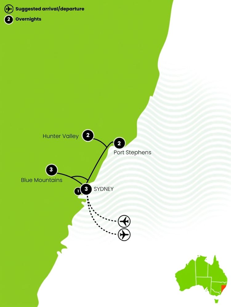 Sydney, Wildlife and Waves Family Holiday Tour Map