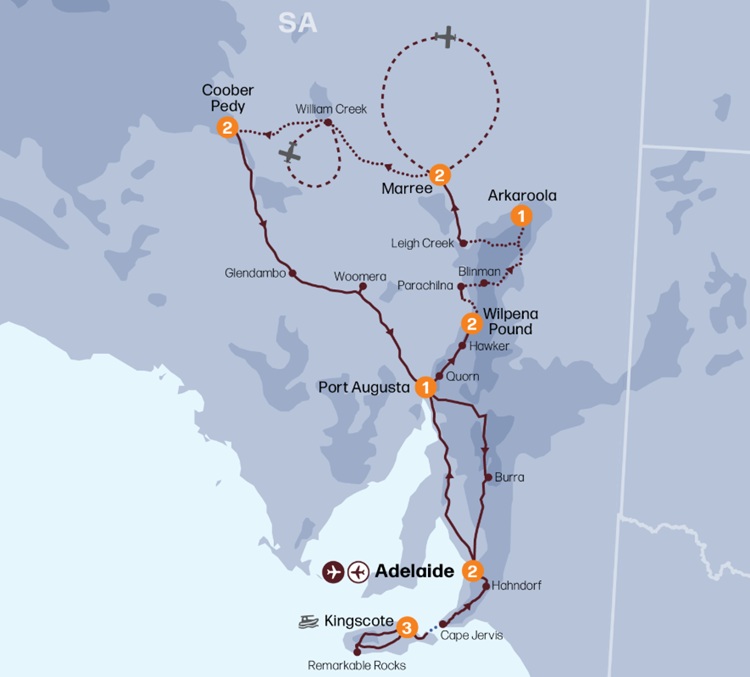 Outback Spirit - Outback South Australia & Kangaroo Island Tour Map