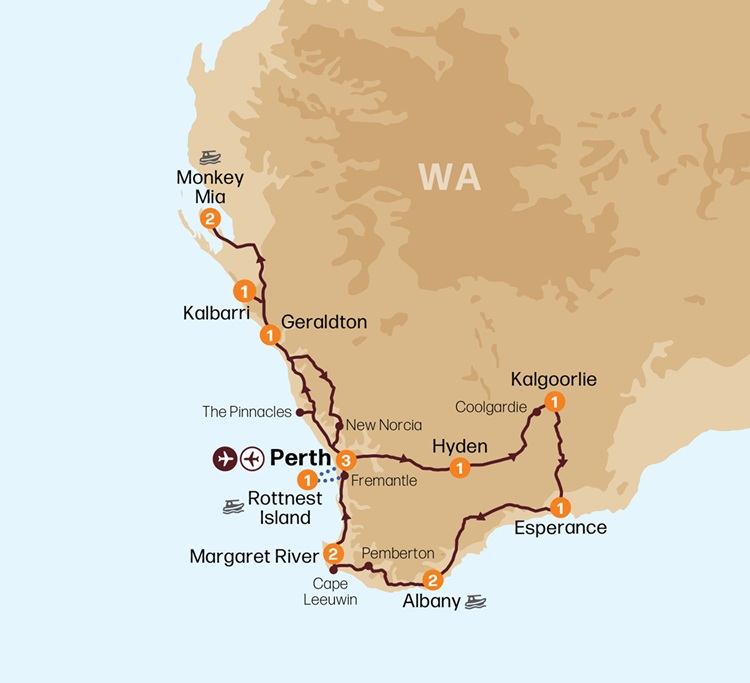 Outback Spirit - West Coast Discovery Itinerary Tour Map