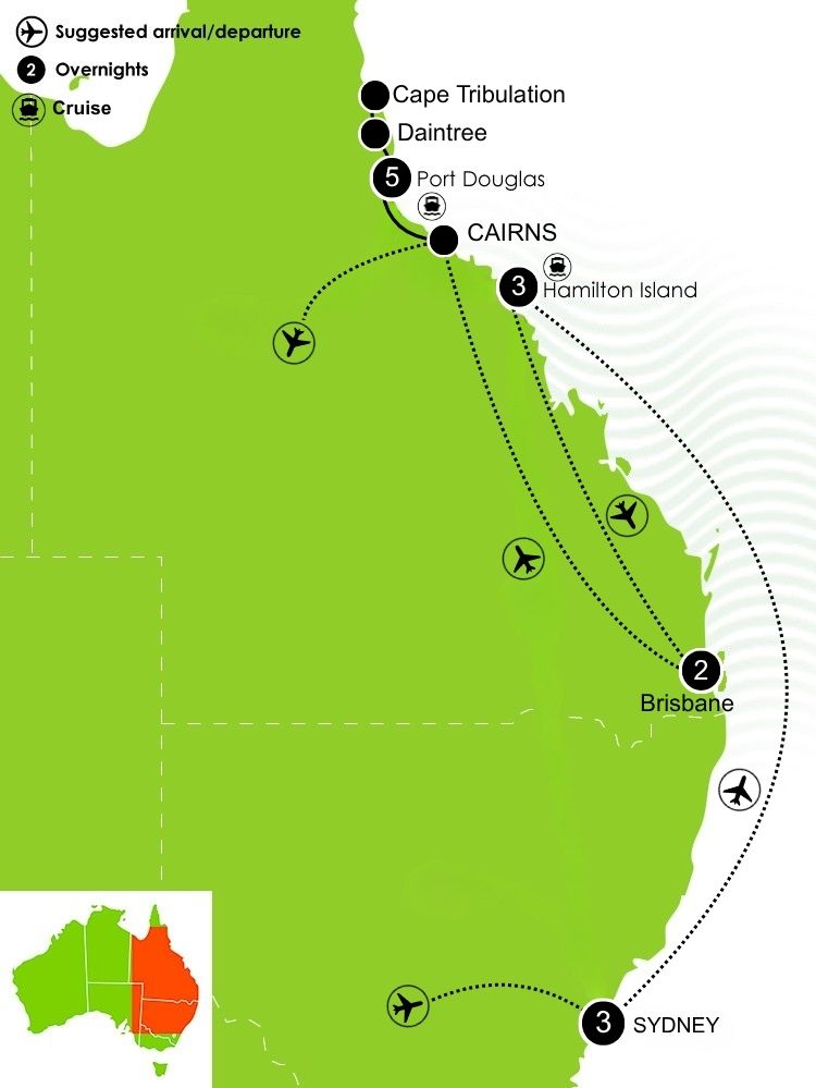 Australia Reef & Rainforest Honeymoon Tour Map