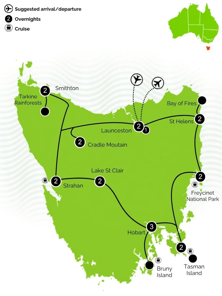 Top Tasmania Getaway Tour Map