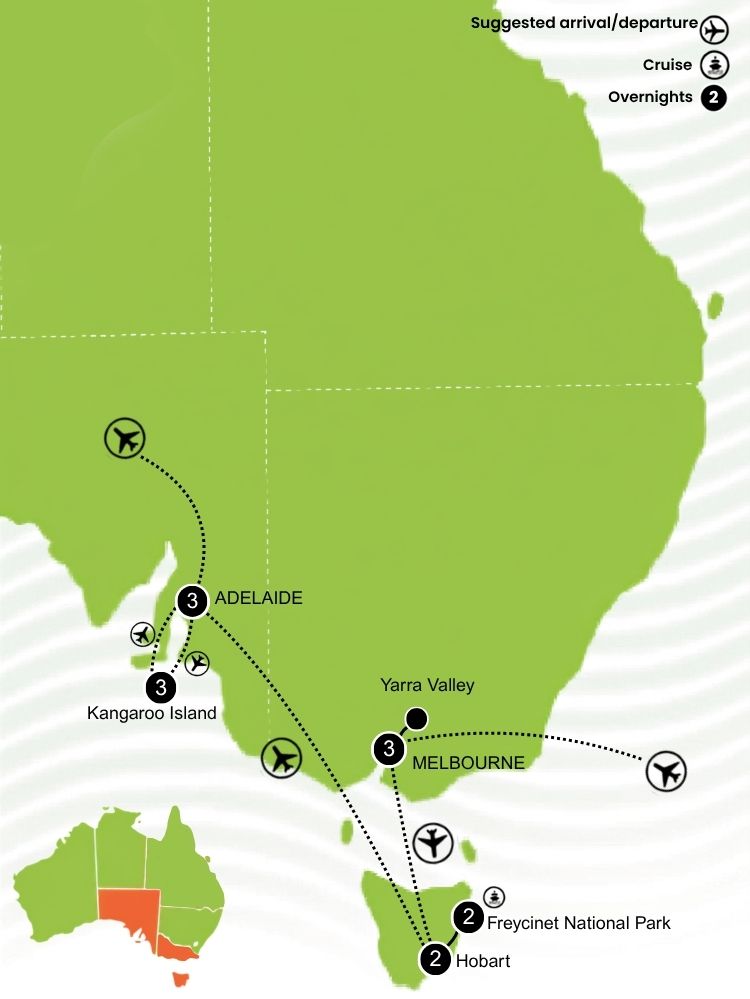 Wine, Wilderness and Waves Honeymoon Package Tour Map