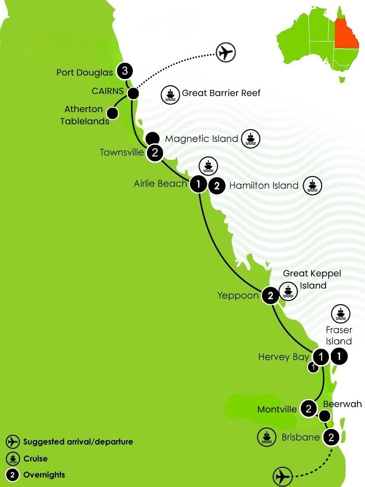 Best of Brisbane to Cairns Road Trip Tour Map