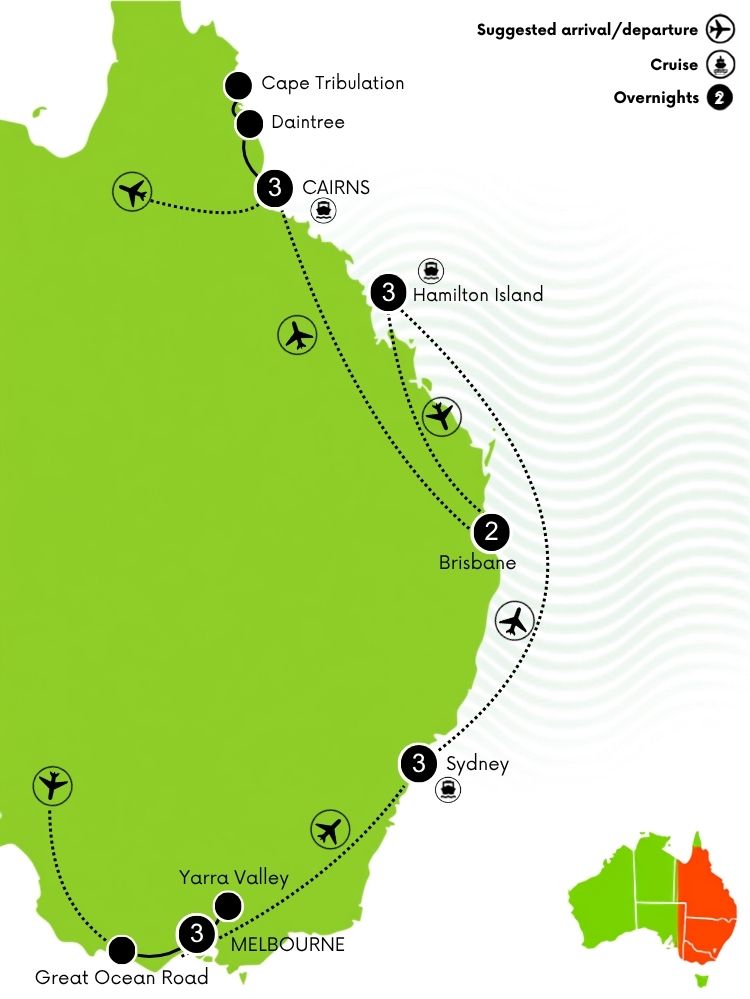 East Coast Beaches & Wildlife Honeymoon Tour Map