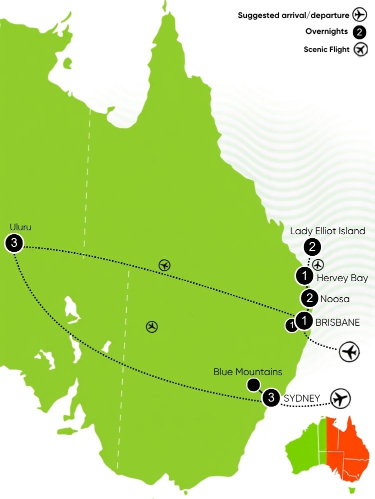 Coral Reef, Island & Outback Fly/Drive Tour Map