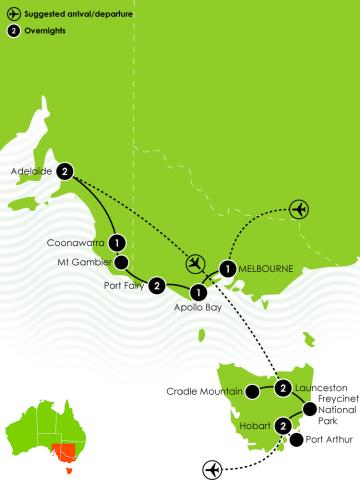 12 Day Great Ocean Road & Tasmania Fly/Drive Large Map