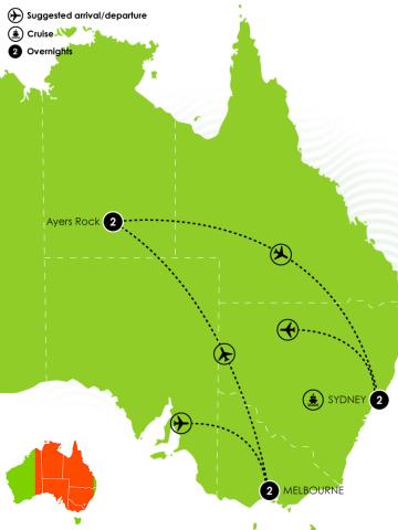 Contrasts of Australia - Melbourne, Uluru & Sydney Large Map