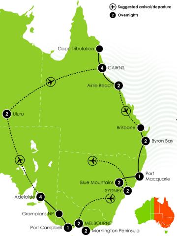 G Adventure - Best Of The Red Centre & Eastern Australia Large Map