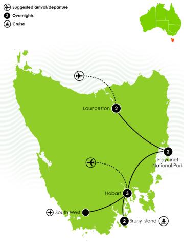 10 Day Tasmania & Bruny Island Escape Large Map