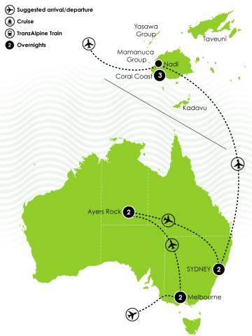 10 Day Melbourne, Ayers Rock, Sydney & Fiji Large Map