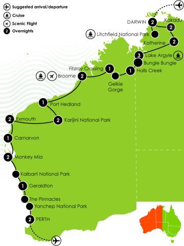 Darwin to Perth Self Drive Itinerary Large Map
