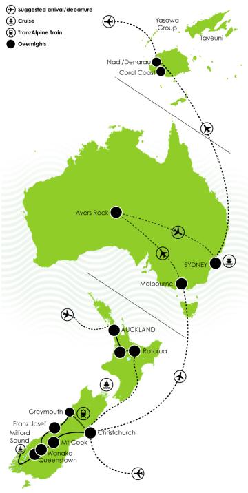 23 Day Highlights of New Zealand, Australia & Fiji Maps