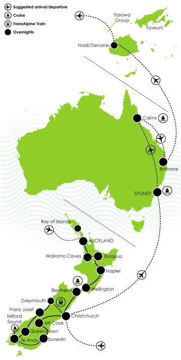 39 Day Essence of New Zealand, Australia & Fiji Maps