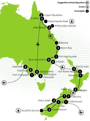 Map of 38 Day Best of Downunder Australia and New Zealand Itinearary