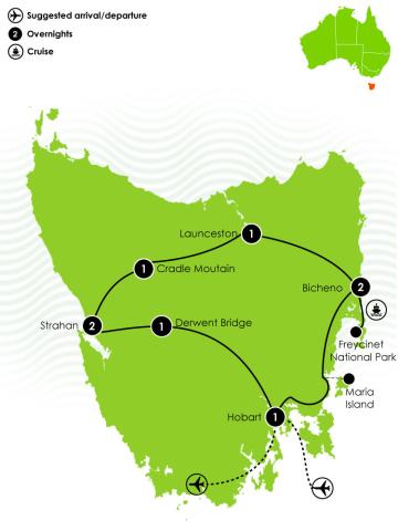 Map of Itinerary for Tasmania Western Wilderness & Wildlife Encounter 