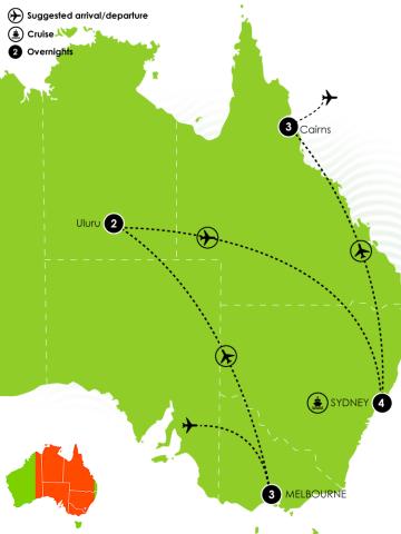 Tour Map: 13 Day Aboriginal Culture & Australian Highlights