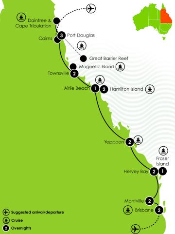 Tour Map: 18 Day Best of Brisbane to Cairns Road Trip