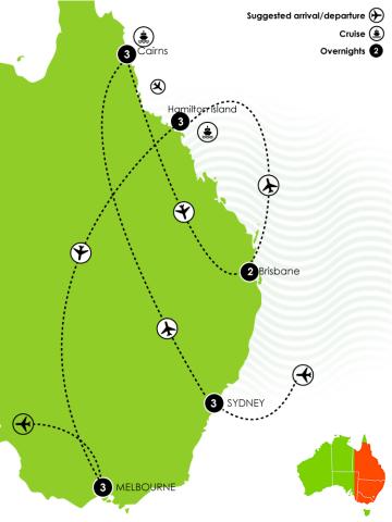 Map showing East Coast Beaches & Wildlife Honeymoon Itinerary