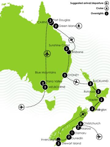 Map showing Itinerary for A Taste of Australia and New Zealand's Wine and Wildlife